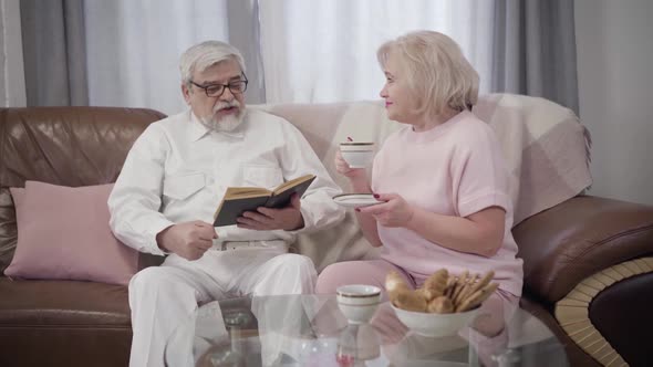 Happy Senior Caucasian Couple Spending Calm Evening at Home. Handsome Mature Man Reading Book, His