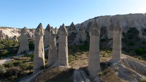 Flying over rock formations at Love Valley, Cappadocia, Turkey