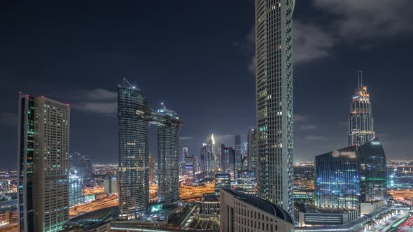 Aerial Night View of New Skyscrapers and Tall Buildings Timelapse