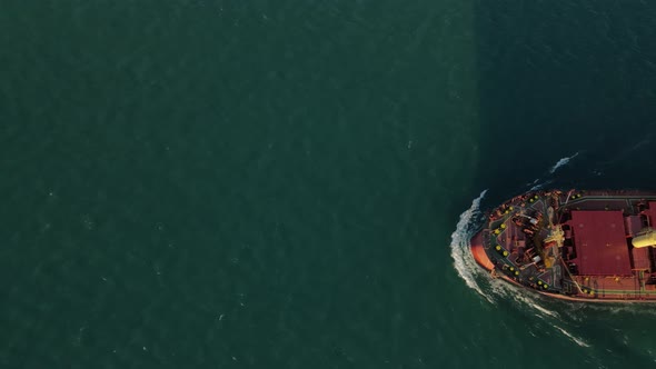 Freighter passing on Detroit River, on a Sunny day, Birds eye Aerial View