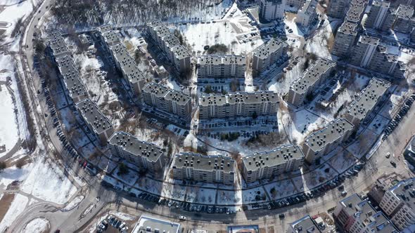 Aerial Drone Shot of Pattern of High-Rise Old Soviet Russian Buildings in Vilnius