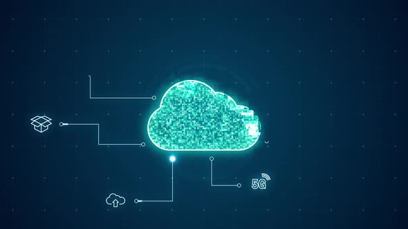 Blue digital cloud conputing with line connection and data transfer to futuristic icon technology