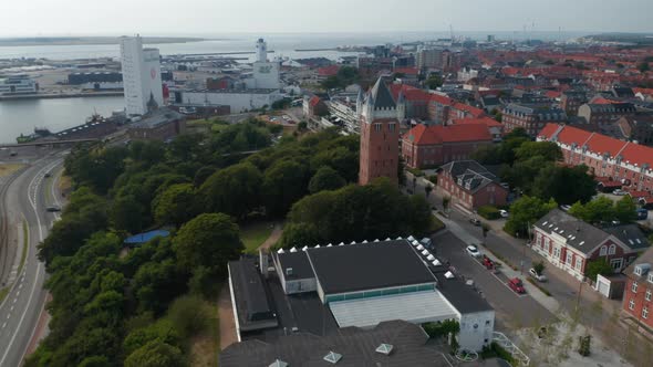 Aerial View Slow Camera Rotation Around the Water Tower of Esbjerg Denmark