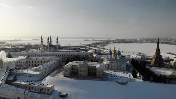 Aerial Kazan City Center Kremlin at Winter Sunny Day