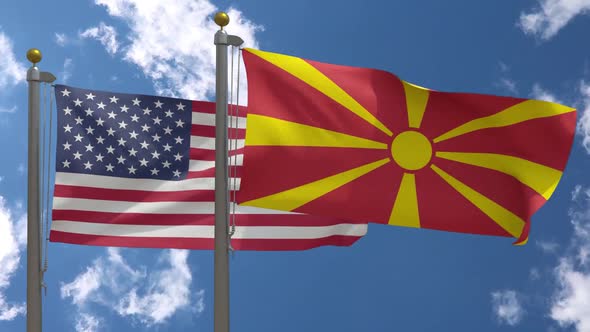 Usa Flag Vs North Macedonia Flag On Flagpole