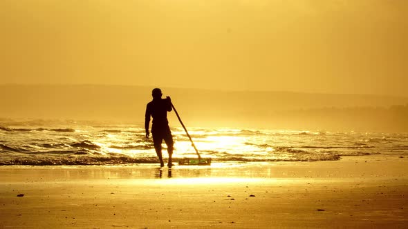 Silhouette of fisherman catching snails and seashells on Vietnam coast during golden sunset, traditi