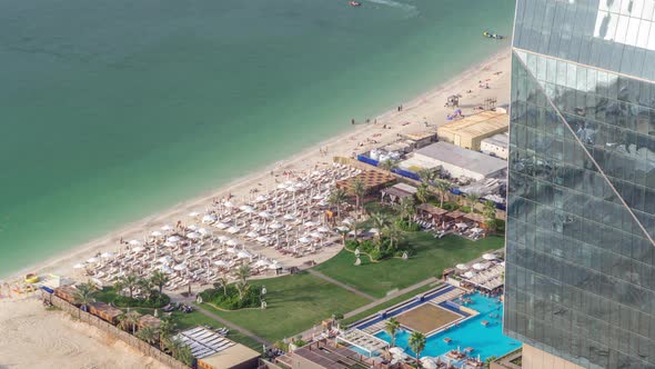 Waterfront Overview Jumeirah Beach Residence JBR Skyline Aerial Timelapse with Yacht and Boats