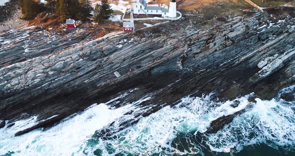Aerial view of waves hitting the rocks in Curtis island lighthouse Camden Maine USA