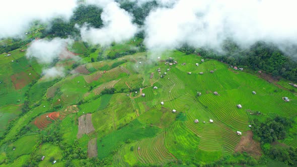 Drone is flying through clouds above rice terraces