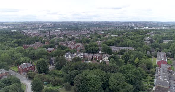 Aerial push in over suburban Leeds in England