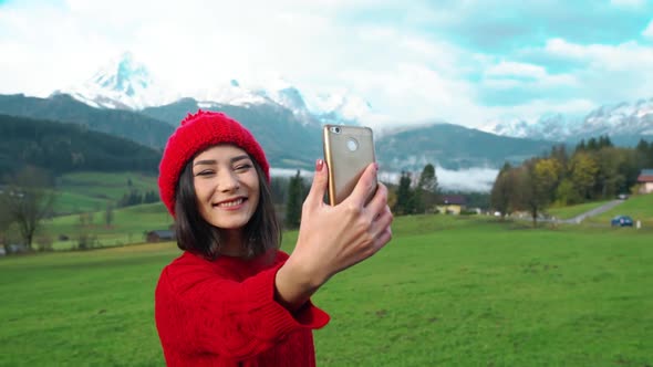 Girl Play Her Phone Take Selfy and Making a Funny Transition with Hand