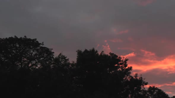 Orange purple sunset pan left to right with trees in view.