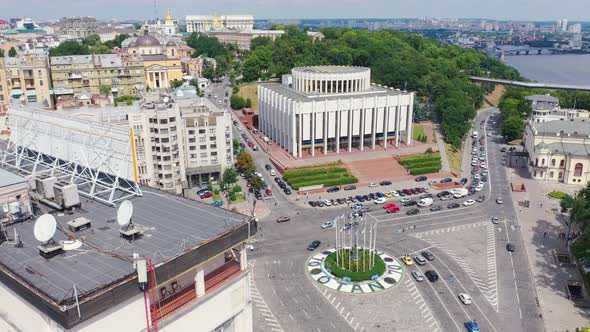 Aerial View of European Square in Kiev. NATO Flags on the Flagpole