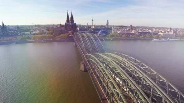 Cologne Famous Bridge Aerial, German City Koln Sight Seeings Cathedral, Sunset.