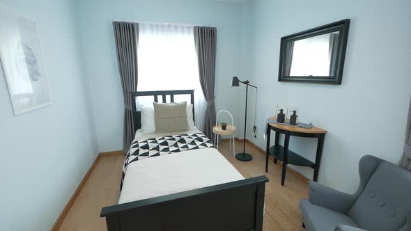 Cosy Black and White Bedrrom with Single Bed decorated with Stylish Furnitures