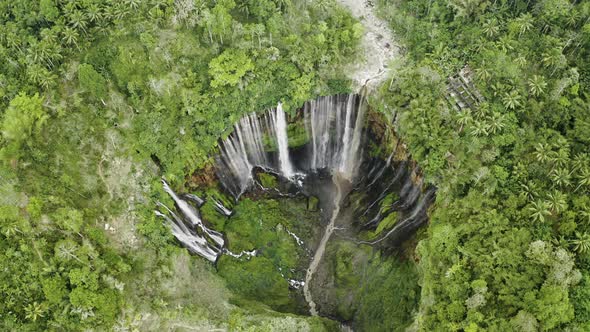 Drone Tilting Down Over Tumpak Sewu Waterfalls