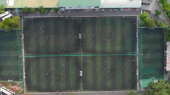Start of Training Before a Football Match. Game Process. Aerial Shot of a Small Soccer Field, Many