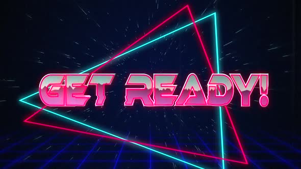 Retro Get Ready text glitching over blue and red triangles on white hyperspace effect