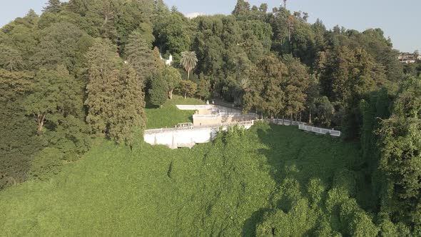 Aerial view of Green cape and Botanical garden of Batumi at sunset. Georgia 2021