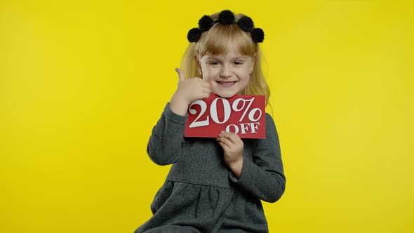 Child Girl Showing 20 Percent Off Inscription Sign, Rejoicing Discounts for Online Shopping Sales