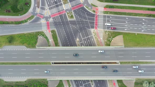 Aerial view of highway interchange. Traffic. Transport concept
