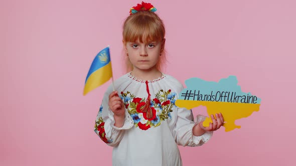 Upset Toddler Ukrainian Girl Protesting War Conflict Raises Inscription Massage Hands Off Ukraine