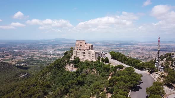 Aerial: The monastery of Saint Salvador in Mallorca, Spain