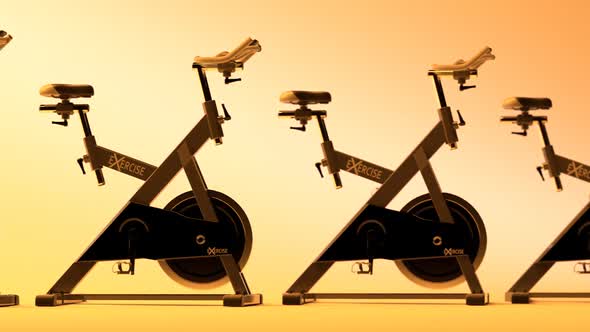Fitness Bicycles or spinning bikes in the modern gym. Cardio, health, loopable.