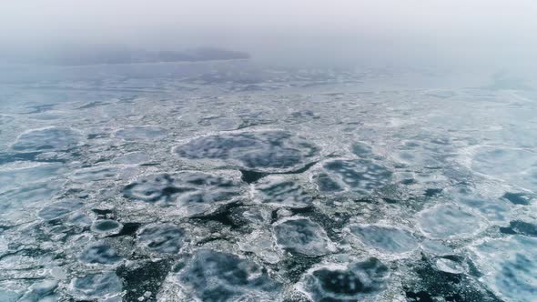 Spring Ice Drift on the River on a Cloudy Day - Drone Collection