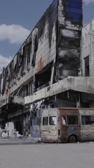 Vertical Video of a Destroyed Shopping Mall During the War in Bucha Ukraine