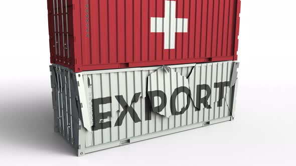 Container with EXPORT Text Being Crashed with Container with Flag of Switzerland alt