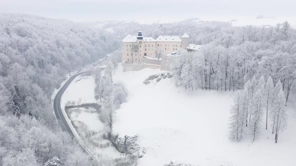 Aerial View Oh Historic Renaissance Castle Pieskowa Skala Near Krakow in Poland in Winter