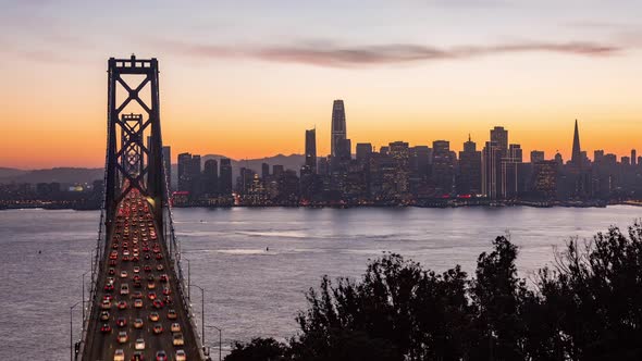 Downtown San Francisco and Bay Bridge Day to Night Sunset