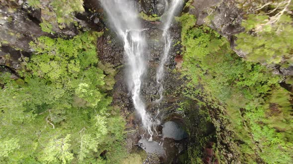 Aerial view of Risco waterfall in Rabacal, Paul da Serra, Madeira, Portugal