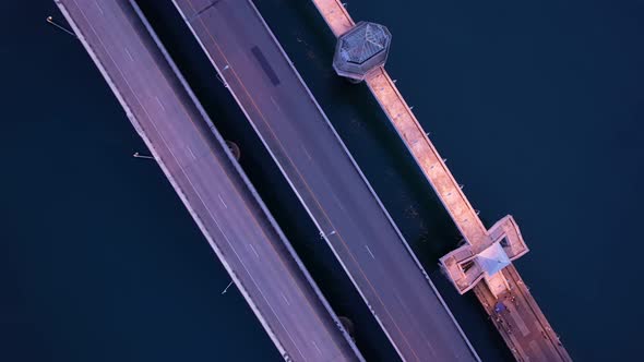 Aerial view drone shot of Amazing bridge with cars on bridge road. Transportation and travel backgro