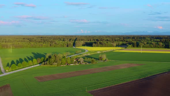 Vivid springtime landscape aerial view over a forest and fields while a car is passing by the road f