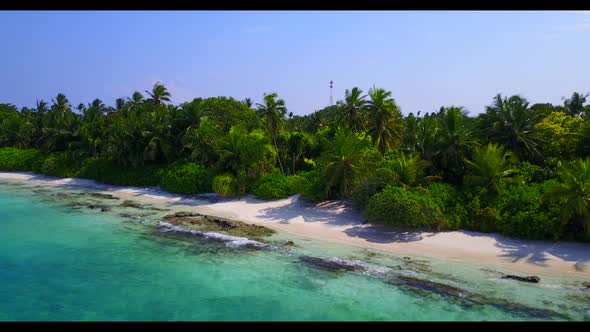 Aerial panorama of perfect bay beach time by blue lagoon and bright sandy background of a dayout nea