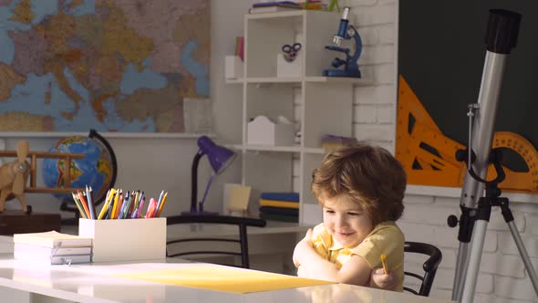 Happy Cute Industrious Child Is Sitting at a Desk Indoors. Individual Teaching