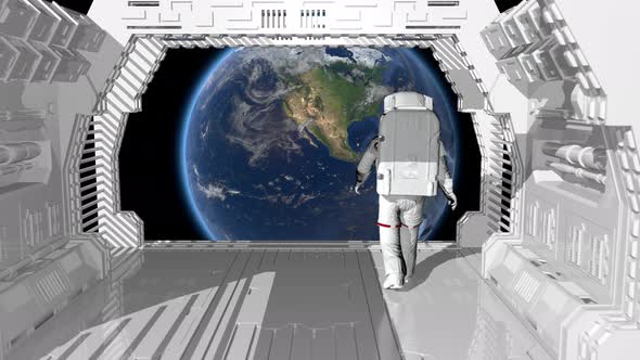 Alone Astronaut Walking in a Futuristic Sci Fi Corridor