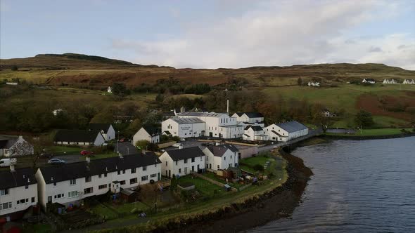 Aerial of the Village of Carbost in the Isle of Skye Scotland