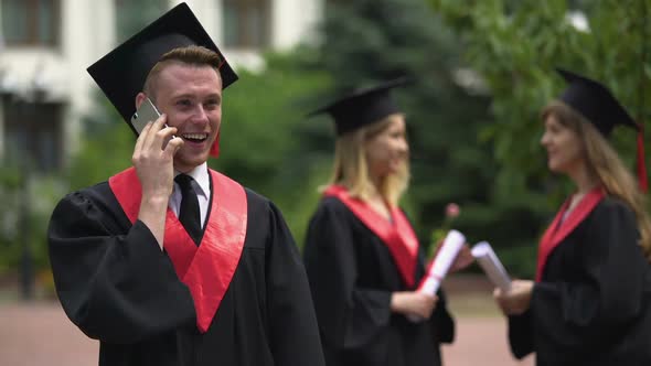 Successful Student Talking Over Phone Accepting Good Job Offer Happy Future