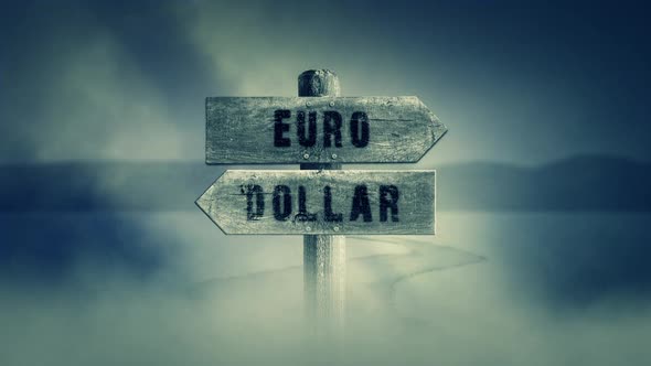 Old Wooden Sign On A Middle Of A Cross Road With The Words Euro Or Dollars