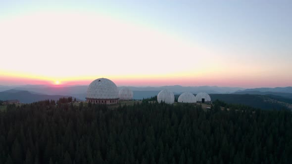 Aerial Drone View, Unusual Architecture Concept. Sunset Over Uniquely Designed Old Radar Station