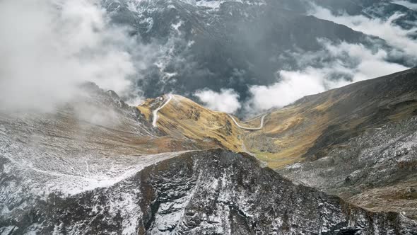 Aerial drone view of nature in Romania. Transfagarasan route in Carpathian mountains