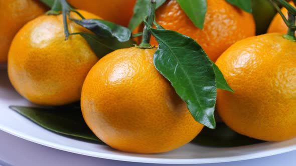 A Lot of Tangerines with Green Leaves