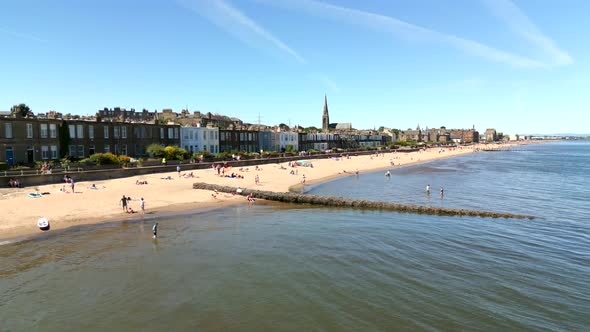 Aerial Video Summer On Portobello Beach Edinburgh Scotland Uk