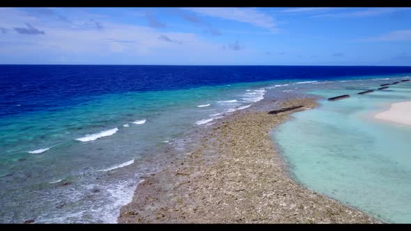 Aerial tourism of tropical seashore beach voyage by blue lagoon with clean sandy background of a day