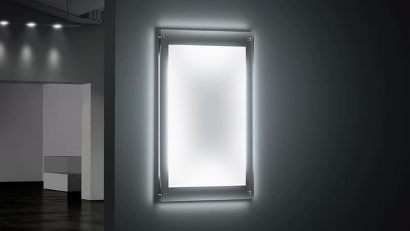 Blank glowing poster mockup in illuminated glass holder, looped switch