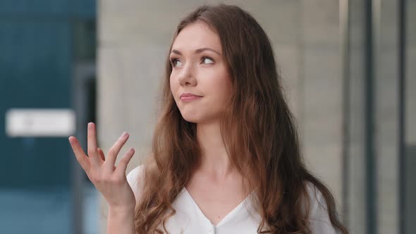 Female Portrait Outdoors Caucasian Millennial Girl Pensive Puzzled Woman Make Choice Thinking