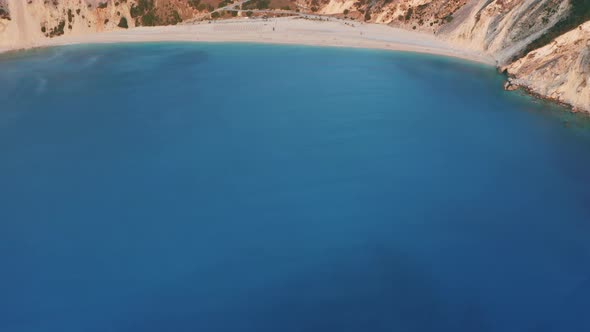 Aerial Tilt Reveal View of Myrtos Beach the Most Beautiful Beach of Kefalonia Greece